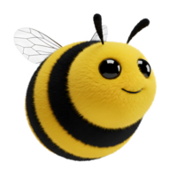 A cute, fuzzy bumblebee smiles sweetly, its big eyes and striped body creating a charming and playful image. The soft texture and cheerful expression evoke a warm, happy mood. png