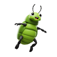 A happy, green cartoon beetle leaps playfully Its segmented body and cheerful expression create a fun, lighthearted mood. png