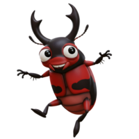 A charming cartoon beetle leaps joyfully, its vibrant red and black shell gleaming. Big eyes and a happy smile radiate pure fun png