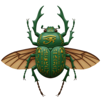 A majestic green scarab beetle, adorned with gold hieroglyphs and the Eye of Horus, takes flight. Its detailed wings and mystical markings create a captivating, ancient image. png