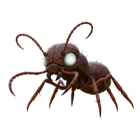 A charming cartoon ant, rendered in dark brown with large, expressive eyes, stands poised, creating a whimsical, slightly mischievous mood. png