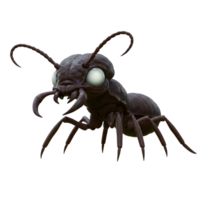 A whimsical, dark-brown cartoon ant with large, luminous eyes stares intently. Its segmented body and long legs give it a unique, slightly menacing charm. png