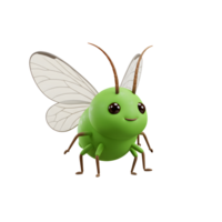 A cute, green insect with translucent wings smiles gently. Its cheerful expression and soft colors create a heartwarming, whimsical mood. png