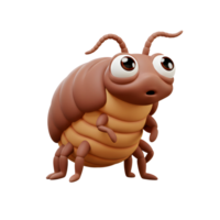 A cute, cartoon pillbug looks surprised Its brown segmented body and big eyes create a charming, whimsical image. png
