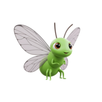 A cute, green insect with large, translucent wings looks inquisitively. Its cheerful expression and soft colors create a sweet, whimsical mood. png