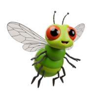 uma encantador, renderizado em 3D verde mosca com grande, expressivo olhos e translúcido asas flutua alegremente. Está brilhante cores e alegre expressão crio uma caprichoso, amante da diversão humor. png