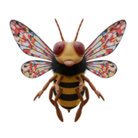 A charming bumblebee, rendered in 3D, boasts vibrantly colored, abstract wings. Its fuzzy body and expressive eyes create a delightful, whimsical mood. png