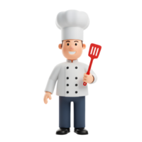A friendly cartoon chef, beaming in his pristine white uniform, holds a red spatula. The cheerful image evokes a fun, welcoming mood, perfect for food-related projects. png