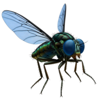 A striking close-up reveals a fly's iridescent green body and captivating sapphire eyes. Intricate details highlight its texture and form, creating a dramatic, almost jewel-like effect. png