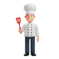 A friendly cartoon chef, beaming with joy, holds a red spatula. His white chef's uniform and tall hat add to his charming appearance, creating a lighthearted and delightful image. png