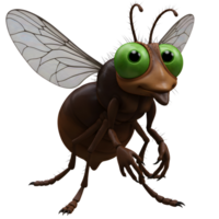 A friendly cartoon fly with big, bright green eyes and translucent wings smiles playfully. Its brown body is detailed, creating a charming and whimsical mood. png