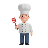 A cheerful cartoon chef, in his pristine white uniform and tall chef's hat, holds a red spatula. His joyful expression adds a friendly, welcoming touch. png