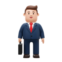 A friendly cartoon businessman, smartly dressed in a blue suit and red tie, confidently holds a briefcase. His cheerful expression and simple style create a positive, approachable mood. png