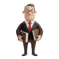 A cheerful cartoon professor stands proudly, holding two books. His glasses and warm smile create a friendly, approachable vibe. png