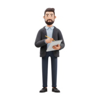 A friendly 3D-rendered businessman stands confidently, pen in hand, making notes in his notepad. Clean, professional, and approachable. png
