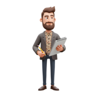 A friendly cartoon man with a beard thoughtfully holds a notepad and pencil, his casual attire adding to the relaxed yet focused mood. png