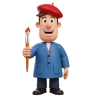 A happy cartoon artist, beret perched atop his head, holds a paintbrush ready to create. His cheerful expression and blue coat add to the inviting, playful mood. png