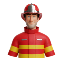 A cheerful cartoon firefighter smiles warmly, his red uniform and helmet gleaming. A friendly and approachable 3D character. png