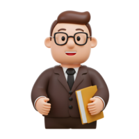 A cheerful cartoon businessman, in a brown suit and glasses, holds a book. Friendly and approachable, this 3D rendered image exudes professionalism and confidence. png