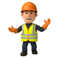 A friendly cartoon construction worker, wearing a hard hat and safety vest, welcomes you with open arms. Bright colors and a cheerful expression create a positive mood. png