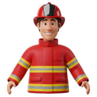 A happy cartoon firefighter smiles warmly, dressed in a bright red uniform with yellow stripes. His helmet completes the friendly look. Cheerful and approachable png