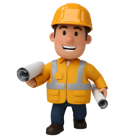 A smiling cartoon construction worker, clad in bright yellow, confidently holds blueprints. His happy expression and vibrant attire create a cheerful and optimistic mood. png