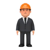 A cheerful cartoon engineer, in a smart suit and hard hat, stands ready. His friendly expression and simple design create a welcoming, approachable image. png