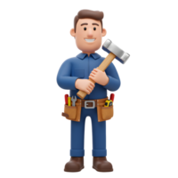 A cheerful cartoon handyman confidently holds a hammer, his tool belt brimming with essential tools. Friendly and approachable, he embodies skilled craftsmanship. png