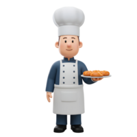 A cheerful cartoon baker proudly displays freshly baked golden breads on a plate. His joyful expression and the warm tones create a friendly, inviting atmosphere. png