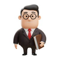 A friendly cartoon professor smiles warmly, holding a book. He's dressed in a suit and glasses, creating a cheerful and approachable image. png