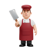 A friendly cartoon butcher, smiles warmly while holding a cleaver. He's dressed in a classic red apron and cap, creating a charming and inviting image. png