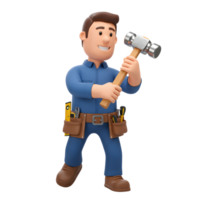 A smiling cartoon handyman confidently holds a hammer, his tool belt brimming with essentials. Playful and charming, he's ready for any job png