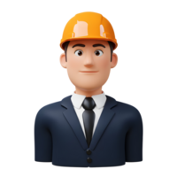 A friendly, cartoon-style engineer smiles confidently. He's dressed in a navy suit and a bright orange hard hat, creating a cheerful and approachable image. png