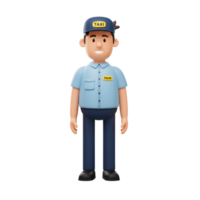 A smiling cartoon taxi driver stands ready, his light blue uniform and cap neatly presented. A cheerful and approachable 3D character. png