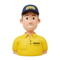 A smiling cartoon taxi driver in a yellow polo shirt and blue cap welcomes you His cheerful expression and simple design create a friendly and approachable mood. png