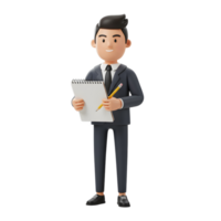 A friendly cartoon businessman stands confidently, holding a notepad and pencil, ready to jot down ideas. His cheerful expression and clean design create a positive, approachable mood. png