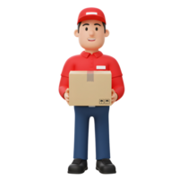 A friendly cartoon delivery person smiles warmly while holding a cardboard package. The cheerful scene evokes trust and efficient service. Simple yet expressive png