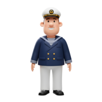 A friendly cartoon sailor smiles warmly, dressed in a classic navy uniform. His cheerful expression and detailed outfit create a charming and inviting image. png