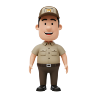 A smiling cartoon delivery person in a khaki uniform and cap stands ready. Friendly and approachable, this 3D character is perfect for delivery services. png