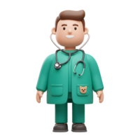 A cheerful cartoon vet, in a teal uniform, smiles warmly. A stethoscope hangs around his neck, and a cute pet patch adorns his pocket. Friendly and approachable png