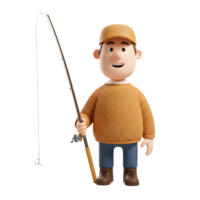 A friendly cartoon fisherman, wearing a warm sweater and cap, holds his fishing rod with a cheerful smile. The scene is bright and inviting. png