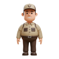 A cheerful cartoon park ranger smiles warmly, wearing a tan uniform and cap. The 3D style creates a friendly, approachable feel. png