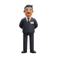A friendly cartoon businessman stands confidently, hands clasped behind his back. He's wearing a sharp suit and name tag, exuding professionalism and approachability. png