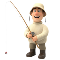 A jolly cartoon fisherman, wearing a cream sweater and hat, holds his fishing rod, ready for a catch. The scene is lighthearted and fun. png