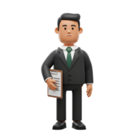 A friendly 3D cartoon businessman smiles confidently, holding a clipboard. He's dressed in a sharp suit, projecting professionalism and approachability. png