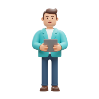 uma alegre renderizado em 3D homem detém uma tábua, exalando positividade e digital noivado. dele cerceta Jaqueta e relaxado pose crio uma amigável, acessível vibe. png