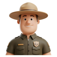 A cheerful cartoon park ranger smiles warmly, his khaki uniform and hat conveying a friendly and approachable demeanor. The 3D style adds a playful touch. png