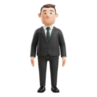 A cheerful cartoon businessman stands confidently, his dark suit and green tie adding a touch of sophistication to his friendly demeanor. Clean lines and a simple background create a polished look. png