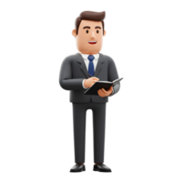 A cheerful 3D cartoon businessman, dressed in a sharp suit, smiles while jotting down notes in his black notebook. Positive and professional mood. png