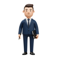 A cheerful cartoon businessman stands confidently, holding a pen and notepad. He's dressed in a sharp suit, projecting professionalism and approachability. png